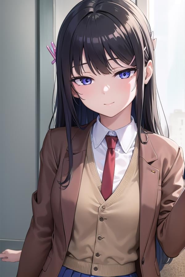 maisakurajima, <lora:maisakurajima-lora-nochekaiser:1>, sakurajima mai, long hair, bangs, (black hair:1.5), hair ornament, (purple eyes:1.1), hairclip, rabbit hair ornament, <lora:sensualface_type1:1>, smile,BREAK skirt, shirt, school uniform, white shirt, short sleeves, pantyhose, pleated skirt, collared shirt, blue skirt, black pantyhose, red necktie, jacket, (brown jacket:1.5),BREAK indoors, classroom,BREAK looking at viewer, (cowboy shot:1.5),BREAK <lyco:GoodHands-beta2:1>, (masterpiece:1.2), best quality, high resolution, unity 8k wallpaper, (illustration:0.8), (beautiful detailed eyes:1.6), extremely detailed face, perfect lighting, extremely detailed CG, (perfect hands, perfect anatomy),