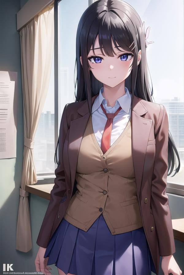 maisakurajima, <lora:maisakurajima-lora-nochekaiser:1>, sakurajima mai, long hair, bangs, (black hair:1.5), hair ornament, (purple eyes:1.2), hairclip, rabbit hair ornament, <lora:sensualface_type2:1>, smile,BREAK skirt, shirt, school uniform, white shirt, short sleeves, pantyhose, pleated skirt, collared shirt, blue skirt, black pantyhose, red necktie, jacket, (brown jacket:1.5),BREAK indoors, classroom,BREAK looking at viewer, (cowboy shot:1.5),BREAK <lyco:GoodHands-beta2:1>, (masterpiece:1.2), best quality, high resolution, unity 8k wallpaper, (illustration:0.8), (beautiful detailed eyes:1.6), extremely detailed face, perfect lighting, extremely detailed CG, (perfect hands, perfect anatomy),