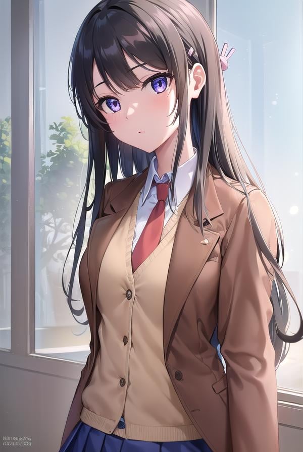 maisakurajima, <lora:maisakurajima-lora-nochekaiser:1>, sakurajima mai, long hair, bangs, (black hair:1.5), hair ornament, (purple eyes:1.1), hairclip, rabbit hair ornament,BREAK skirt, shirt, school uniform, white shirt, short sleeves, pantyhose, pleated skirt, collared shirt, blue skirt, black pantyhose, red necktie, jacket, (brown jacket:1.5),BREAK indoors, classroom,BREAK looking at viewer, (cowboy shot:1.5),BREAK <lyco:GoodHands-beta2:1>, (masterpiece:1.2), best quality, high resolution, unity 8k wallpaper, (illustration:0.8), (beautiful detailed eyes:1.6), extremely detailed face, perfect lighting, extremely detailed CG, (perfect hands, perfect anatomy),