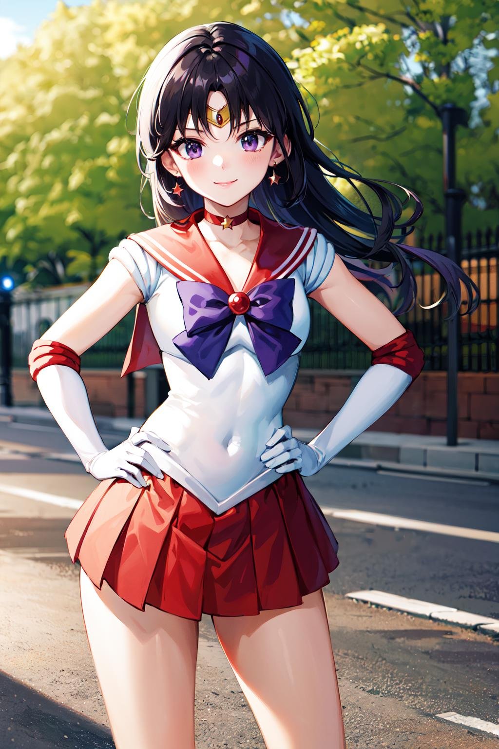 masterpiece, best quality, highres, sama1, tiara, skirt, sailor senshi uniform, white gloves, red sailor collar, red skirt, star choker, elbow gloves, pleated skirt, bare legs, purple bow, <lora:sailor_mars_v1:0.7>, cowboy shot, standing, smile, outdoors, hand on hip, 