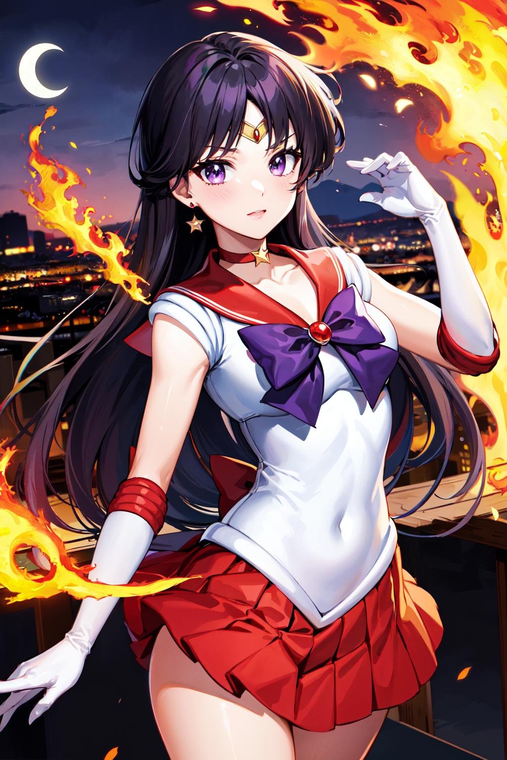 masterpiece, best quality, highres, sama1, tiara, sailor senshi uniform, white gloves, red sailor collar, red skirt, star choker, elbow gloves, pleated skirt, bare legs, purple bow, <lora:sailor_mars_v1:0.7>, magic, fire, moon, city standing, cowboy shot, fire_particles