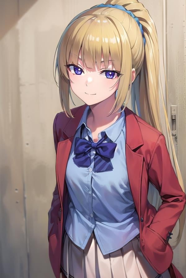 keikaruizawa, <lora:keikaruizawa-lora-nochekaiser:1>, kei karuizawa, long hair, bangs, blunt bangs, (purple eyes:1.1), blonde hair, shirt, hair ornament, ponytail, scrunchie, blue scrunchie, (small breast:1.2), <lora:sensualface_type2:1>, smile,BREAK skirt, shirt, bow, school uniform, jacket, (red jacket:1.2), pleated skirt, bowtie, sweater, (blue bow:1.2), (blue shirt:1.2),BREAK indoors, classroom,BREAK looking at viewer, (cowboy shot:1.5),BREAK <lyco:GoodHands-beta2:1>, (masterpiece:1.2), best quality, high resolution, unity 8k wallpaper, (illustration:0.8), (beautiful detailed eyes:1.6), extremely detailed face, perfect lighting, extremely detailed CG, (perfect hands, perfect anatomy),