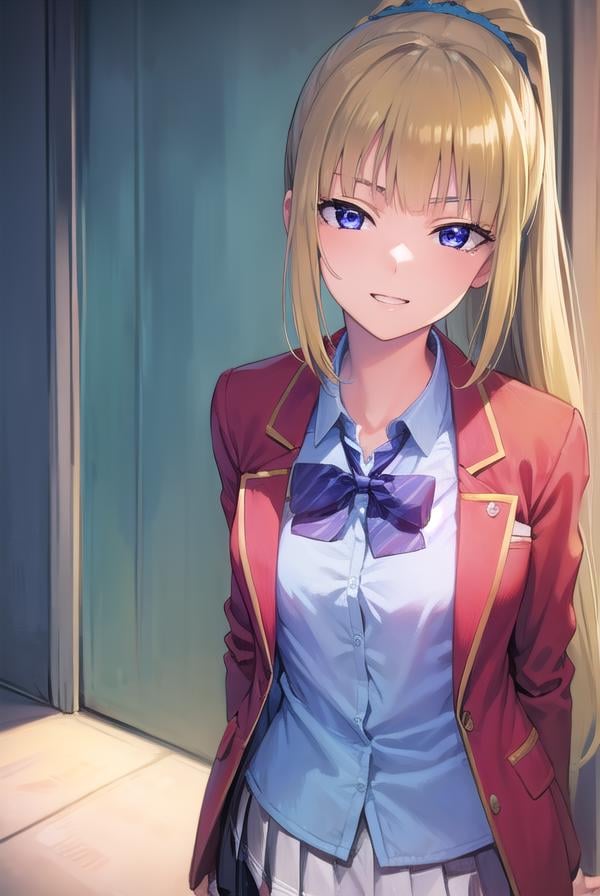 keikaruizawa, <lora:keikaruizawa-lora-nochekaiser:1>, kei karuizawa, long hair, bangs, blunt bangs, (purple eyes:1.1), blonde hair, shirt, hair ornament, ponytail, scrunchie, blue scrunchie, (small breast:1.2), <lora:sensualface_type2:1>, smile,BREAK skirt, shirt, bow, school uniform, jacket, (red jacket:1.2), pleated skirt, bowtie, sweater, (blue bow:1.2), (blue shirt:1.2),BREAK indoors, classroom,BREAK looking at viewer, (cowboy shot:1.5),BREAK <lyco:GoodHands-beta2:1>, (masterpiece:1.2), best quality, high resolution, unity 8k wallpaper, (illustration:0.8), (beautiful detailed eyes:1.6), extremely detailed face, perfect lighting, extremely detailed CG, (perfect hands, perfect anatomy),