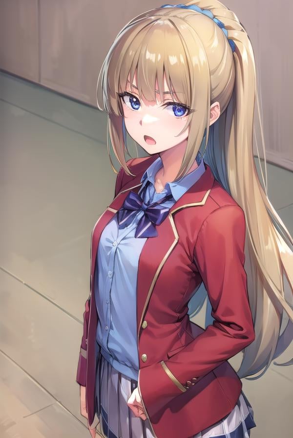 keikaruizawa, <lora:keikaruizawa-lora-nochekaiser:1>, kei karuizawa, long hair, bangs, blunt bangs, (purple eyes:1.1), blonde hair, shirt, hair ornament, ponytail, scrunchie, blue scrunchie, (small breast:1.2), <lora:sensualface_type2:1>, open mouth,BREAK skirt, shirt, bow, school uniform, jacket, (red jacket:1.2), pleated skirt, bowtie, sweater, (blue bow:1.2), (blue shirt:1.2),BREAK indoors, classroom,BREAK looking at viewer, (cowboy shot:1.5),BREAK <lyco:GoodHands-beta2:1>, (masterpiece:1.2), best quality, high resolution, unity 8k wallpaper, (illustration:0.8), (beautiful detailed eyes:1.6), extremely detailed face, perfect lighting, extremely detailed CG, (perfect hands, perfect anatomy),