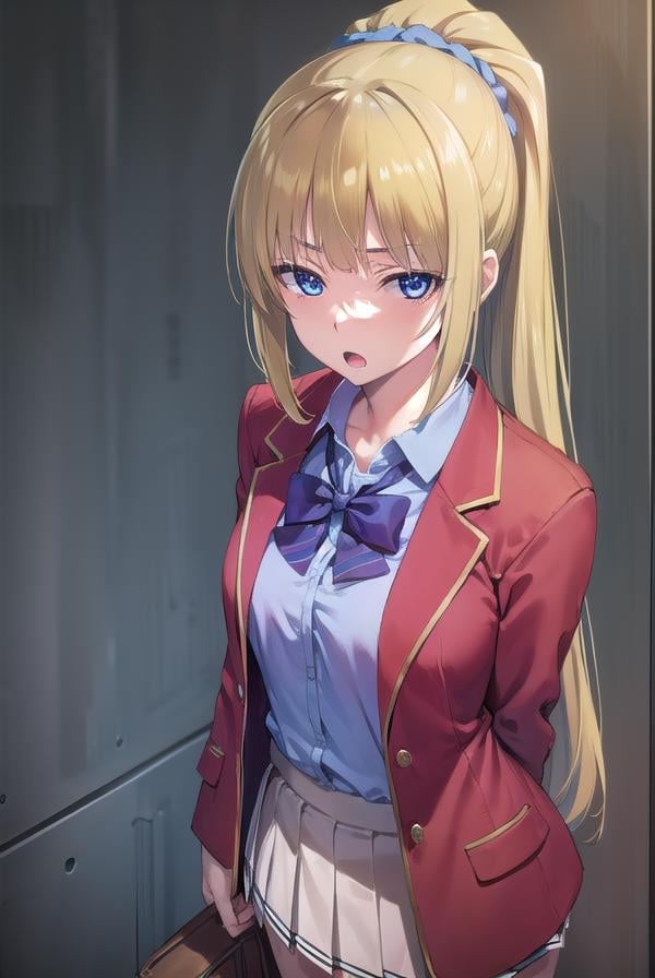 keikaruizawa, <lora:keikaruizawa-lora-nochekaiser:1>, kei karuizawa, long hair, bangs, blunt bangs, (purple eyes:1.1), blonde hair, shirt, hair ornament, ponytail, scrunchie, blue scrunchie, (small breast:1.2), <lora:sensualface_type2:1>, open mouth,BREAK skirt, shirt, bow, school uniform, jacket, (red jacket:1.2), pleated skirt, bowtie, sweater, (blue bow:1.2), (blue shirt:1.2),BREAK indoors, classroom,BREAK looking at viewer, (cowboy shot:1.5),BREAK <lyco:GoodHands-beta2:1>, (masterpiece:1.2), best quality, high resolution, unity 8k wallpaper, (illustration:0.8), (beautiful detailed eyes:1.6), extremely detailed face, perfect lighting, extremely detailed CG, (perfect hands, perfect anatomy),