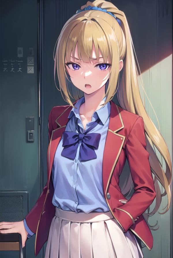 keikaruizawa, <lora:keikaruizawa-lora-nochekaiser:1>, kei karuizawa, long hair, bangs, blunt bangs, (purple eyes:1.1), blonde hair, shirt, hair ornament, ponytail, scrunchie, blue scrunchie, (small breast:1.2), <lora:sensualface_type2:1>, open mouth,BREAK skirt, shirt, bow, school uniform, jacket, (red jacket:1.2), pleated skirt, bowtie, sweater, (blue bow:1.2), (blue shirt:1.2),BREAK indoors, classroom,BREAK looking at viewer, (cowboy shot:1.5),BREAK <lyco:GoodHands-beta2:1>, (masterpiece:1.2), best quality, high resolution, unity 8k wallpaper, (illustration:0.8), (beautiful detailed eyes:1.6), extremely detailed face, perfect lighting, extremely detailed CG, (perfect hands, perfect anatomy),