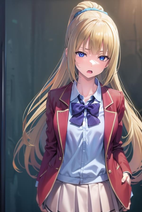 keikaruizawa, <lora:keikaruizawa-lora-nochekaiser:1>, kei karuizawa, long hair, bangs, blunt bangs, (purple eyes:1.1), blonde hair, shirt, hair ornament, ponytail, scrunchie, blue scrunchie, (small breast:1.2), <lora:sensualface_type2:1>, open mouth,BREAK skirt, shirt, bow, school uniform, jacket, (red jacket:1.2), pleated skirt, bowtie, sweater, (blue bow:1.2), (blue shirt:1.2),BREAK indoors, classroom,BREAK looking at viewer, (cowboy shot:1.5),BREAK <lyco:GoodHands-beta2:1>, (masterpiece:1.2), best quality, high resolution, unity 8k wallpaper, (illustration:0.8), (beautiful detailed eyes:1.6), extremely detailed face, perfect lighting, extremely detailed CG, (perfect hands, perfect anatomy),