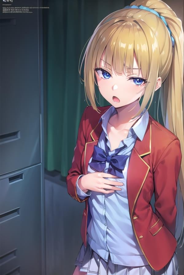 keikaruizawa, <lora:keikaruizawa-lora-nochekaiser:1>, kei karuizawa, long hair, bangs, blunt bangs, (purple eyes:1.1), blonde hair, shirt, hair ornament, ponytail, scrunchie, blue scrunchie, (small breast:1.2), <lora:sensualface_type2:1>, open mouth,BREAK skirt, shirt, bow, school uniform, jacket, (red jacket:1.2), pleated skirt, bowtie, sweater, (blue bow:1.2), (blue shirt:1.2),BREAK indoors, classroom,BREAK looking at viewer, (cowboy shot:1.5),BREAK <lyco:GoodHands-beta2:1>, (masterpiece:1.2), best quality, high resolution, unity 8k wallpaper, (illustration:0.8), (beautiful detailed eyes:1.6), extremely detailed face, perfect lighting, extremely detailed CG, (perfect hands, perfect anatomy),