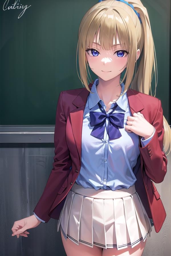 keikaruizawa, <lora:keikaruizawa-lora-nochekaiser:1>, kei karuizawa, long hair, bangs, blunt bangs, (purple eyes:1.1), blonde hair, shirt, hair ornament, ponytail, scrunchie, blue scrunchie, (small breast:1.2), <lora:sensualface_type2:1>, smile,BREAK skirt, shirt, bow, school uniform, jacket, (red jacket:1.2), pleated skirt, bowtie, sweater, (blue bow:1.2), (blue shirt:1.2),BREAK indoors, classroom,BREAK looking at viewer, (cowboy shot:1.5),BREAK <lyco:GoodHands-beta2:1>, (masterpiece:1.2), best quality, high resolution, unity 8k wallpaper, (illustration:0.8), (beautiful detailed eyes:1.6), extremely detailed face, perfect lighting, extremely detailed CG, (perfect hands, perfect anatomy),