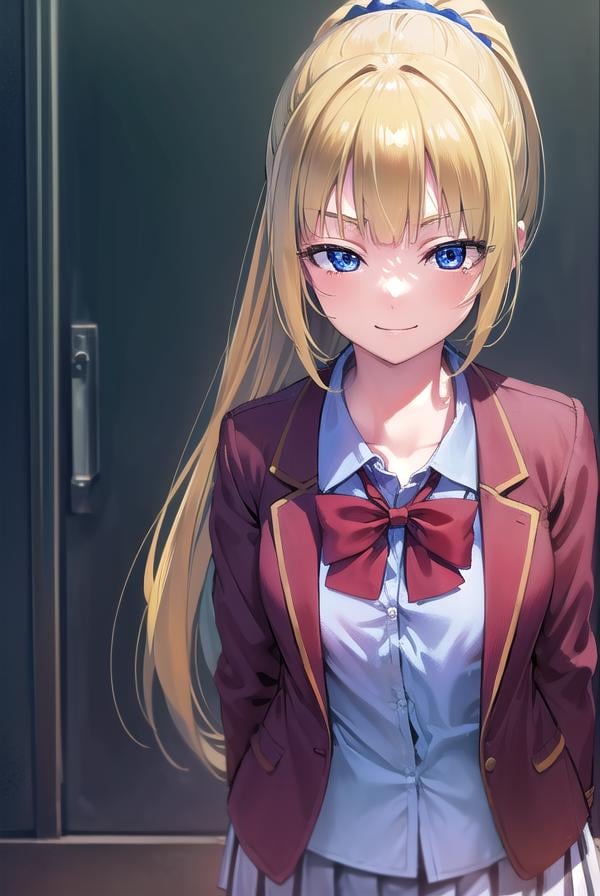 keikaruizawa, <lora:keikaruizawa-lora-nochekaiser:1>, kei karuizawa, long hair, bangs, blunt bangs, (purple eyes:1.1), blonde hair, shirt, hair ornament, ponytail, scrunchie, blue scrunchie, (small breast:1.2), <lora:sensualface_type2:1>, smile,BREAK skirt, shirt, bow, school uniform, jacket, (red jacket:1.2), pleated skirt, bowtie, sweater, (blue bow:1.2), (blue shirt:1.2),BREAK indoors, classroom,BREAK looking at viewer, (cowboy shot:1.5),BREAK <lyco:GoodHands-beta2:1>, (masterpiece:1.2), best quality, high resolution, unity 8k wallpaper, (illustration:0.8), (beautiful detailed eyes:1.6), extremely detailed face, perfect lighting, extremely detailed CG, (perfect hands, perfect anatomy),