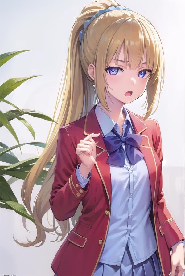 keikaruizawa, <lora:keikaruizawa-lora-nochekaiser:1>, kei karuizawa, long hair, bangs, blunt bangs, (purple eyes:1.1), blonde hair, shirt, hair ornament, ponytail, scrunchie, blue scrunchie, (small breast:1.2), <lora:sensualface_type2:1>, open mouth,BREAK skirt, shirt, bow, school uniform, jacket, (red jacket:1.2), pleated skirt, bowtie, sweater, (blue bow:1.2), (blue shirt:1.2),BREAK indoors, classroom,BREAK looking at viewer, (cowboy shot:1.5),BREAK <lyco:GoodHands-beta2:1>, (masterpiece:1.2), best quality, high resolution, unity 8k wallpaper, (illustration:0.8), (beautiful detailed eyes:1.6), extremely detailed face, perfect lighting, extremely detailed CG, (perfect hands, perfect anatomy),