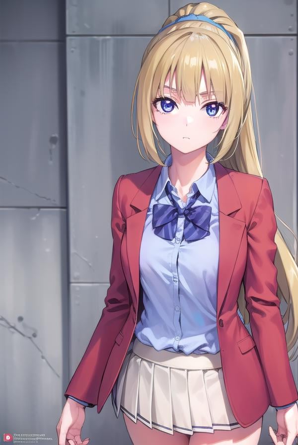 keikaruizawa, <lora:keikaruizawa-lora-nochekaiser:1>, kei karuizawa, long hair, bangs, blunt bangs, (purple eyes:1.1), blonde hair, shirt, hair ornament, ponytail, scrunchie, blue scrunchie, (small breast:1.2),BREAK skirt, shirt, bow, school uniform, jacket, (red jacket:1.2), pleated skirt, bowtie, sweater, (blue bow:1.2), (blue shirt:1.2),BREAK indoors, classroom,BREAK looking at viewer, (cowboy shot:1.5),BREAK <lyco:GoodHands-beta2:1>, (masterpiece:1.2), best quality, high resolution, unity 8k wallpaper, (illustration:0.8), (beautiful detailed eyes:1.6), extremely detailed face, perfect lighting, extremely detailed CG, (perfect hands, perfect anatomy),