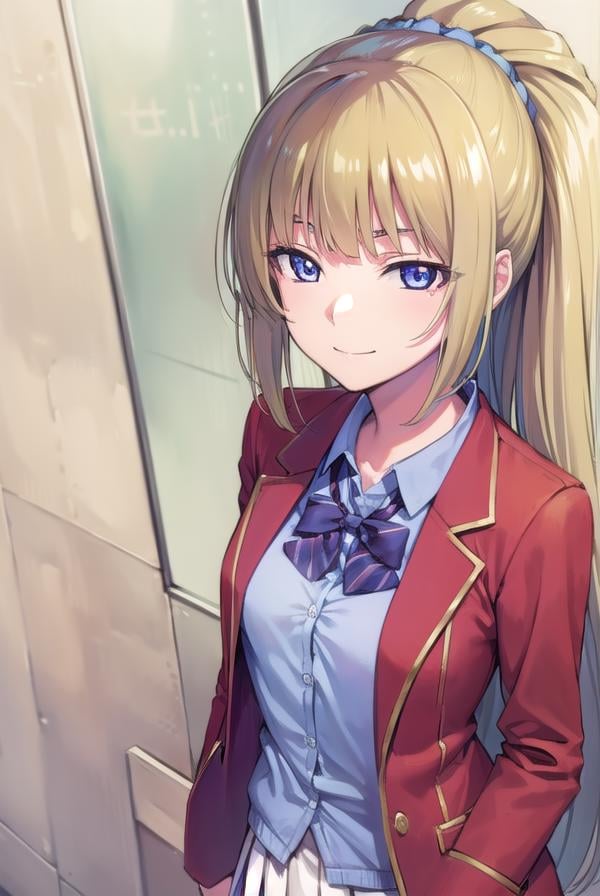 keikaruizawa, <lora:keikaruizawa-lora-nochekaiser:1>, kei karuizawa, long hair, bangs, blunt bangs, (purple eyes:1.1), blonde hair, shirt, hair ornament, ponytail, scrunchie, blue scrunchie, (small breast:1.2), <lora:sensualface_type2:1>, smile,BREAK skirt, shirt, bow, school uniform, jacket, (red jacket:1.2), pleated skirt, bowtie, sweater, (blue bow:1.2), (blue shirt:1.2),BREAK indoors, classroom,BREAK looking at viewer, (cowboy shot:1.5),BREAK <lyco:GoodHands-beta2:1>, (masterpiece:1.2), best quality, high resolution, unity 8k wallpaper, (illustration:0.8), (beautiful detailed eyes:1.6), extremely detailed face, perfect lighting, extremely detailed CG, (perfect hands, perfect anatomy),