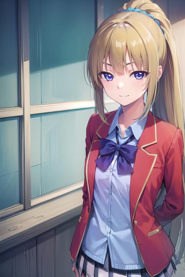 keikaruizawa, <lora:keikaruizawa-lora-nochekaiser:1>, kei karuizawa, long hair, bangs, blunt bangs, (purple eyes:1.1), blonde hair, shirt, hair ornament, ponytail, scrunchie, blue scrunchie, (small breast:1.2), <lora:sensualface_type2:1>, smile,BREAK skirt, shirt, bow, school uniform, jacket, (red jacket:1.2), pleated skirt, bowtie, sweater, (blue bow:1.2), (blue shirt:1.2),BREAK indoors, classroom,BREAK looking at viewer, (cowboy shot:1.5),BREAK <lyco:GoodHands-beta2:1>, (masterpiece:1.2), best quality, high resolution, unity 8k wallpaper, (illustration:0.8), (beautiful detailed eyes:1.6), extremely detailed face, perfect lighting, extremely detailed CG, (perfect hands, perfect anatomy),