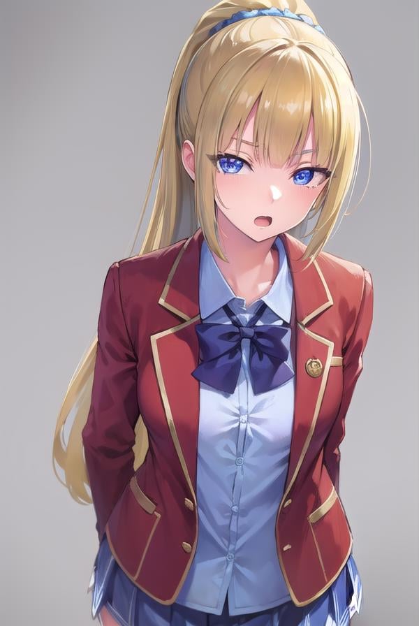 keikaruizawa, <lora:keikaruizawa-lora-nochekaiser:1>, kei karuizawa, long hair, bangs, blunt bangs, (purple eyes:1.1), blonde hair, shirt, hair ornament, ponytail, scrunchie, blue scrunchie, (small breast:1.2), <lora:sensualface_type2:1>, open mouth,BREAK skirt, shirt, bow, school uniform, jacket, (red jacket:1.2), pleated skirt, bowtie, sweater, (blue bow:1.2), (blue shirt:1.2),BREAK indoors, classroom,BREAK looking at viewer, (cowboy shot:1.5),BREAK <lyco:GoodHands-beta2:1>, (masterpiece:1.2), best quality, high resolution, unity 8k wallpaper, (illustration:0.8), (beautiful detailed eyes:1.6), extremely detailed face, perfect lighting, extremely detailed CG, (perfect hands, perfect anatomy),