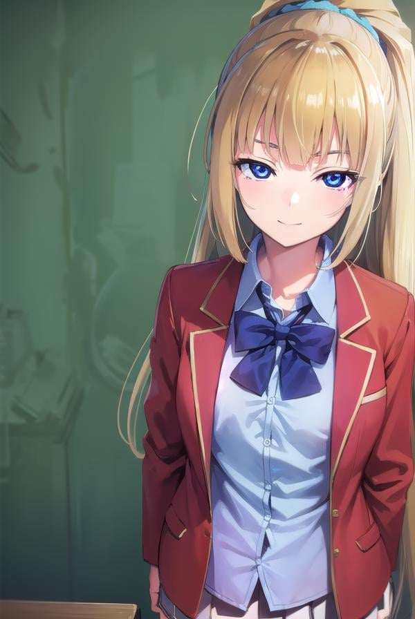 keikaruizawa, <lora:keikaruizawa-lora-nochekaiser:1>, kei karuizawa, long hair, bangs, blunt bangs, (purple eyes:1.1), blonde hair, shirt, hair ornament, ponytail, scrunchie, blue scrunchie, (small breast:1.2), <lora:sensualface_type2:1>, smile,BREAK skirt, shirt, bow, school uniform, jacket, (red jacket:1.2), pleated skirt, bowtie, sweater, (blue bow:1.2), (blue shirt:1.2),BREAK indoors, classroom,BREAK looking at viewer, (cowboy shot:1.5),BREAK <lyco:GoodHands-beta2:1>, (masterpiece:1.2), best quality, high resolution, unity 8k wallpaper, (illustration:0.8), (beautiful detailed eyes:1.6), extremely detailed face, perfect lighting, extremely detailed CG, (perfect hands, perfect anatomy),