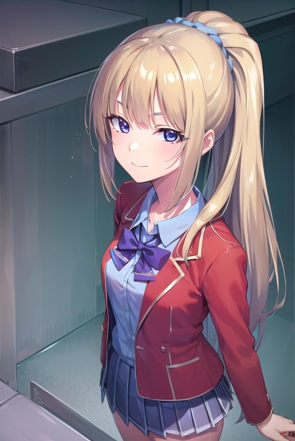 keikaruizawa, <lora:keikaruizawa-lora-nochekaiser:1>, kei karuizawa, long hair, bangs, blunt bangs, (purple eyes:1.1), blonde hair, shirt, hair ornament, ponytail, scrunchie, blue scrunchie, (small breast:1.2), <lora:sensualface_type2:1>, smile,BREAK skirt, shirt, bow, school uniform, jacket, (red jacket:1.2), pleated skirt, bowtie, sweater, (blue bow:1.2), (blue shirt:1.2),BREAK indoors, classroom,BREAK looking at viewer, (cowboy shot:1.5),BREAK <lyco:GoodHands-beta2:1>, (masterpiece:1.2), best quality, high resolution, unity 8k wallpaper, (illustration:0.8), (beautiful detailed eyes:1.6), extremely detailed face, perfect lighting, extremely detailed CG, (perfect hands, perfect anatomy),