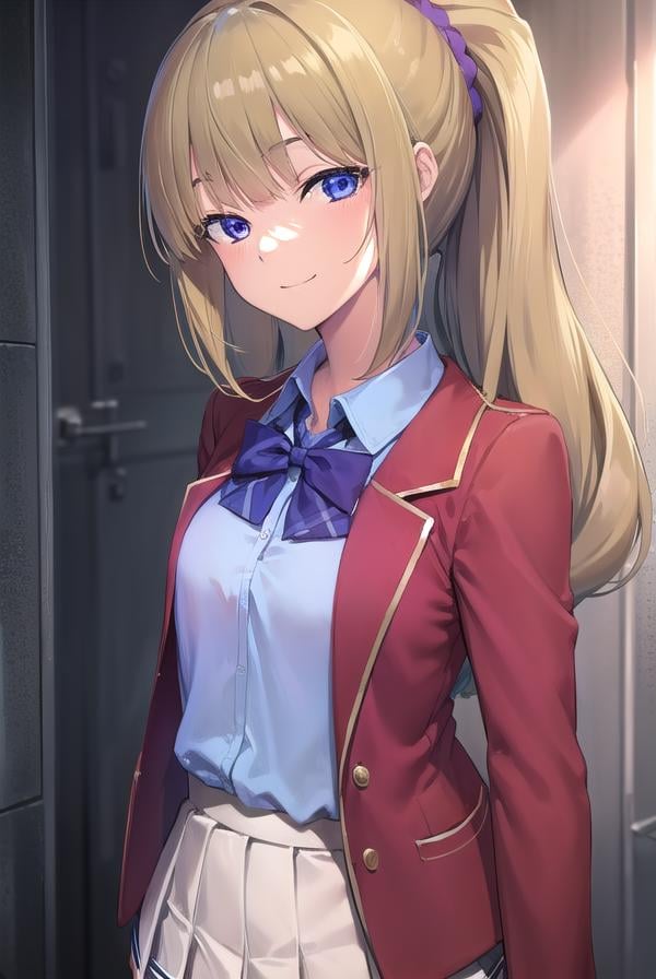 keikaruizawa, <lora:keikaruizawa-lora-nochekaiser:1>, kei karuizawa, long hair, bangs, blunt bangs, (purple eyes:1.1), blonde hair, shirt, hair ornament, ponytail, scrunchie, blue scrunchie, (small breast:1.2), <lora:sensualface_type2:1>, smile,BREAK skirt, shirt, bow, school uniform, jacket, (red jacket:1.2), pleated skirt, bowtie, sweater, (blue bow:1.2), (blue shirt:1.2),BREAK indoors, classroom,BREAK looking at viewer, (cowboy shot:1.5),BREAK <lyco:GoodHands-beta2:1>, (masterpiece:1.2), best quality, high resolution, unity 8k wallpaper, (illustration:0.8), (beautiful detailed eyes:1.6), extremely detailed face, perfect lighting, extremely detailed CG, (perfect hands, perfect anatomy),