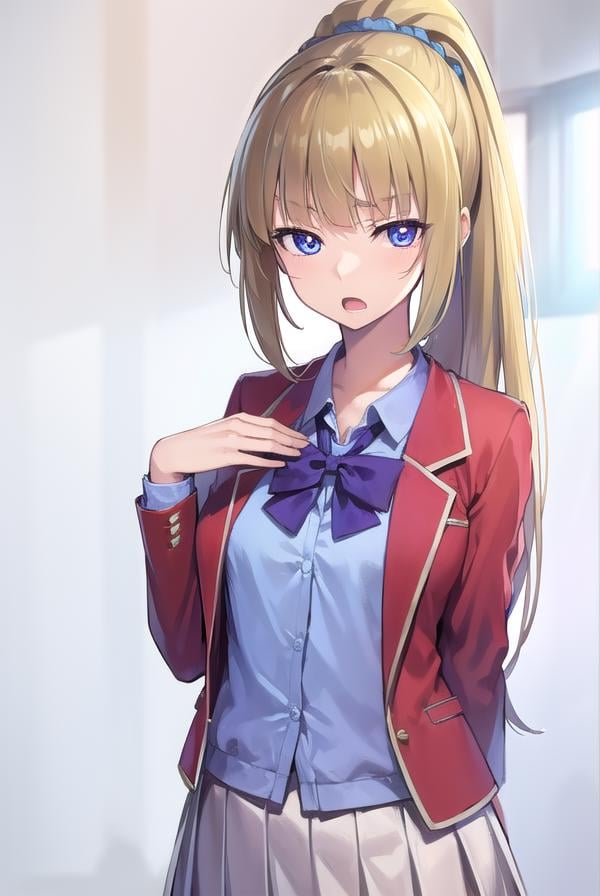 keikaruizawa, <lora:keikaruizawa-lora-nochekaiser:1>, kei karuizawa, long hair, bangs, blunt bangs, (purple eyes:1.1), blonde hair, shirt, hair ornament, ponytail, scrunchie, blue scrunchie, (small breast:1.2), <lora:sensualface_type2:1>, open mouth,BREAK skirt, shirt, bow, school uniform, jacket, (red jacket:1.2), pleated skirt, bowtie, sweater, (blue bow:1.2), (blue shirt:1.2),BREAK indoors, classroom,BREAK looking at viewer, (cowboy shot:1.5),BREAK <lyco:GoodHands-beta2:1>, (masterpiece:1.2), best quality, high resolution, unity 8k wallpaper, (illustration:0.8), (beautiful detailed eyes:1.6), extremely detailed face, perfect lighting, extremely detailed CG, (perfect hands, perfect anatomy),