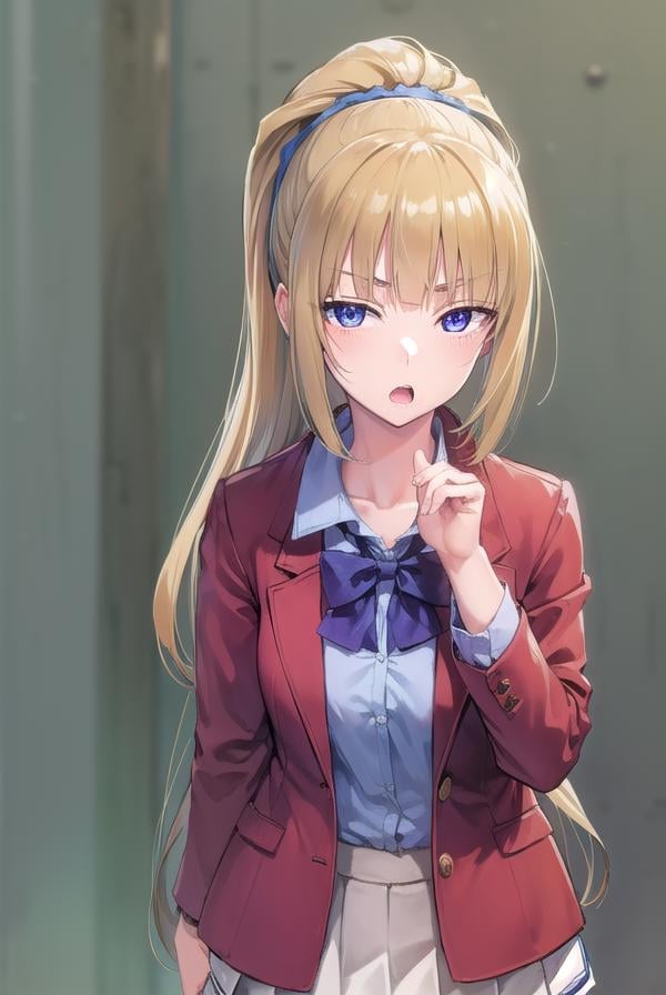 keikaruizawa, <lora:keikaruizawa-lora-nochekaiser:1>, kei karuizawa, long hair, bangs, blunt bangs, (purple eyes:1.1), blonde hair, shirt, hair ornament, ponytail, scrunchie, blue scrunchie, (small breast:1.2), <lora:sensualface_type2:1>, open mouth,BREAK skirt, shirt, bow, school uniform, jacket, (red jacket:1.2), pleated skirt, bowtie, sweater, (blue bow:1.2), (blue shirt:1.2),BREAK indoors, classroom,BREAK looking at viewer, (cowboy shot:1.5),BREAK <lyco:GoodHands-beta2:1>, (masterpiece:1.2), best quality, high resolution, unity 8k wallpaper, (illustration:0.8), (beautiful detailed eyes:1.6), extremely detailed face, perfect lighting, extremely detailed CG, (perfect hands, perfect anatomy),