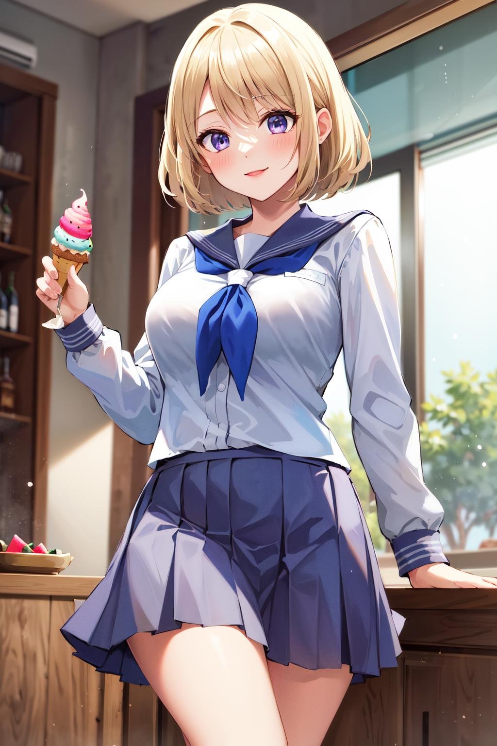 masterpiece, best quality, highres, us1, blonde hair, purple eyes, school uniform, white shirt, blue skirt, neckerchief, white socks, pleated skirt, long sleeves, <lora:umino_sachi_v1:0.7>, smile, watermelon bar, cowboy shot, room, ice cream, 