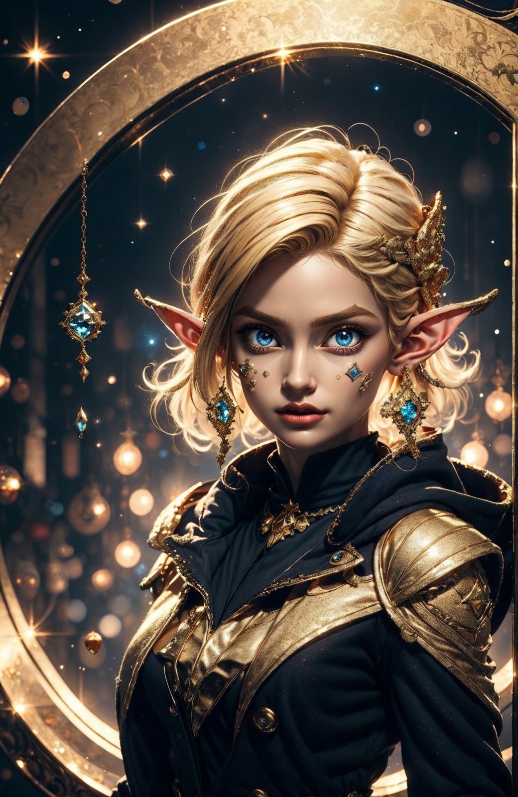 1girl, solo, Dark, Blue eyes, evil, golden, shiny, gold hair,High detailed ,midjourney,perfecteyes, big eyes, diamond, gems, elf, gold coat,
Masterpiece, high resolution, ultra detailed, good quality,arcane style,orcaeffectKA