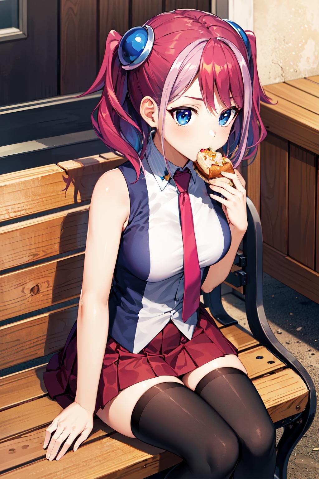 masterpiece, best quality, highres, hy1, hair ornament, multicolored hair, necktie, skirt, sleeveless, school uniform, black thighhighs, jewelry, <lora:hiiragi_yuzu_v1:0.7>, cowboy shot, sitting, bench, eating, food,