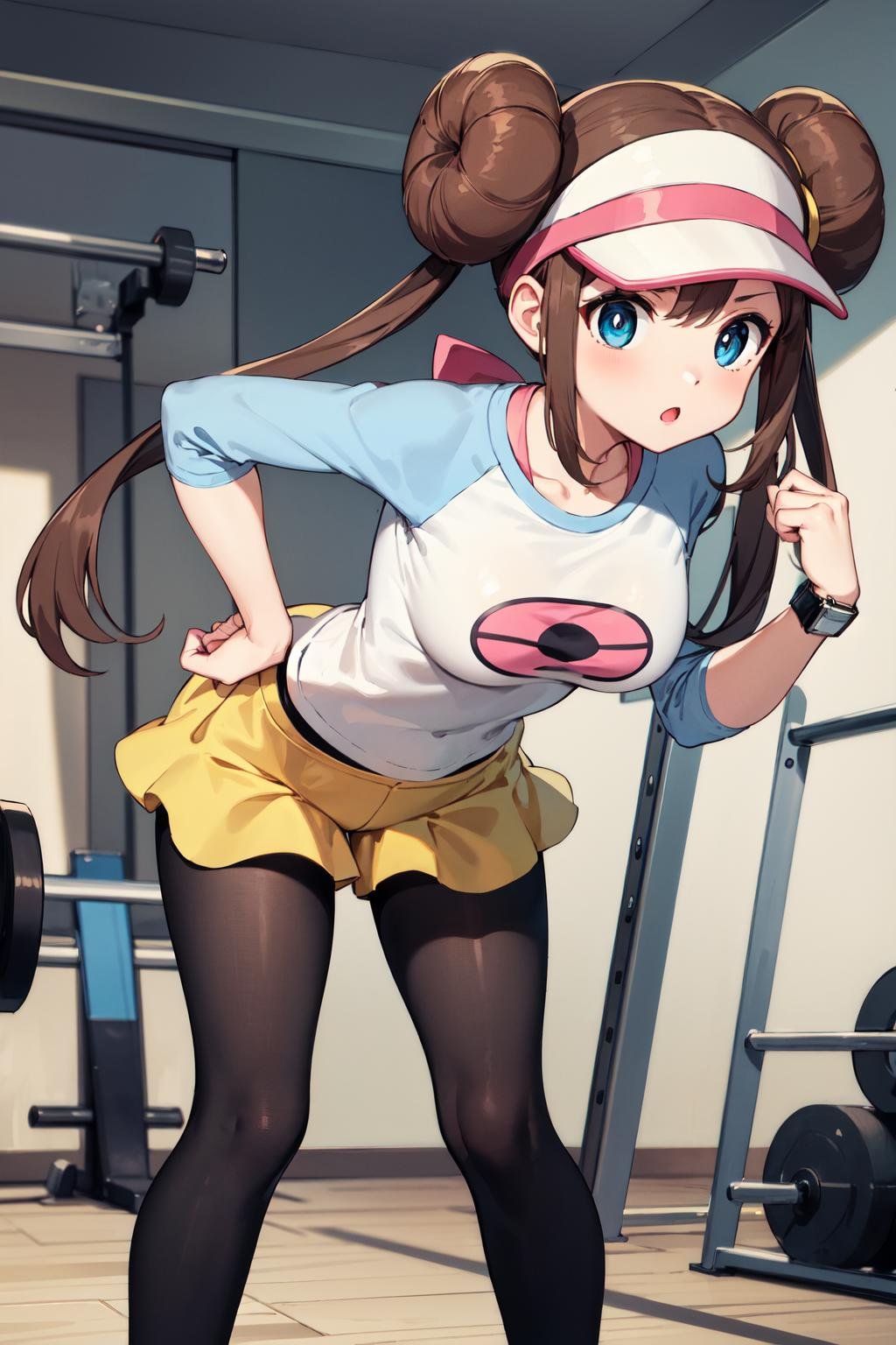 masterpiece, best quality, highres, ro1, hair bun, blue eyes, twintails, visor cap, pantyhose, raglan sleeves, yellow shorts, shirt, pink bow, wristwatch, <lora:rosa_(pokemon)_v10:0.7>, standing, leaning forward, gym,