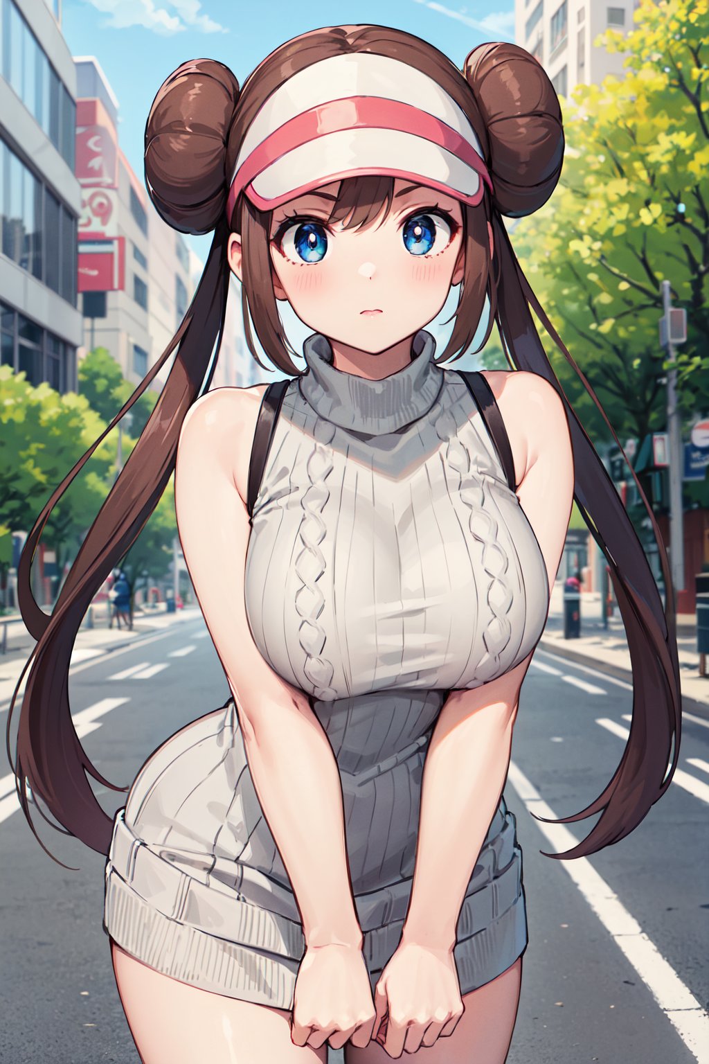 masterpiece, best quality, highres, ro1, hair bun, blue eyes, twintails, visor cap, virgin killer sweater, sweater dress, sleeveless, <lora:rosa_(pokemon)_v10:0.7>, outdoors, street, large breasts, cowboy shot,