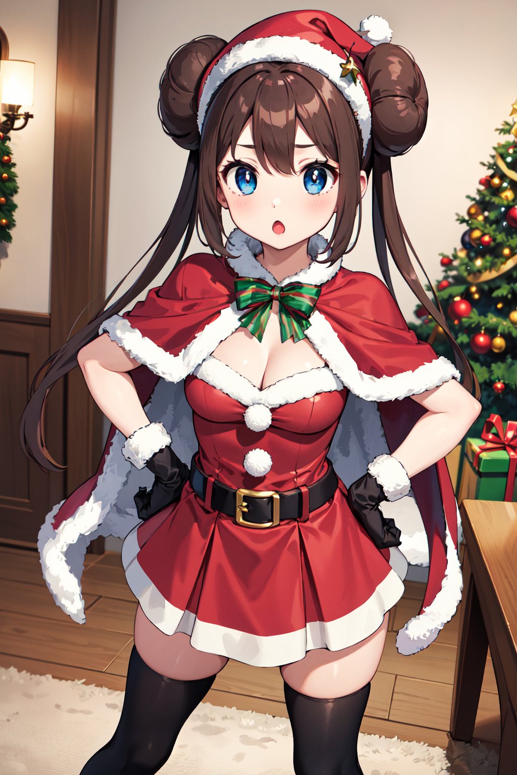 masterpiece, best quality, highres, ro1, hair bun, blue eyes, twintails, belt, black thighhighs, gloves, christmas, cleavage, red capelet, santa hat, dress, <lora:rosa_(pokemon)_v10:0.7>, standing, indoors, living room, snow, christmas, :o, hand on hip,