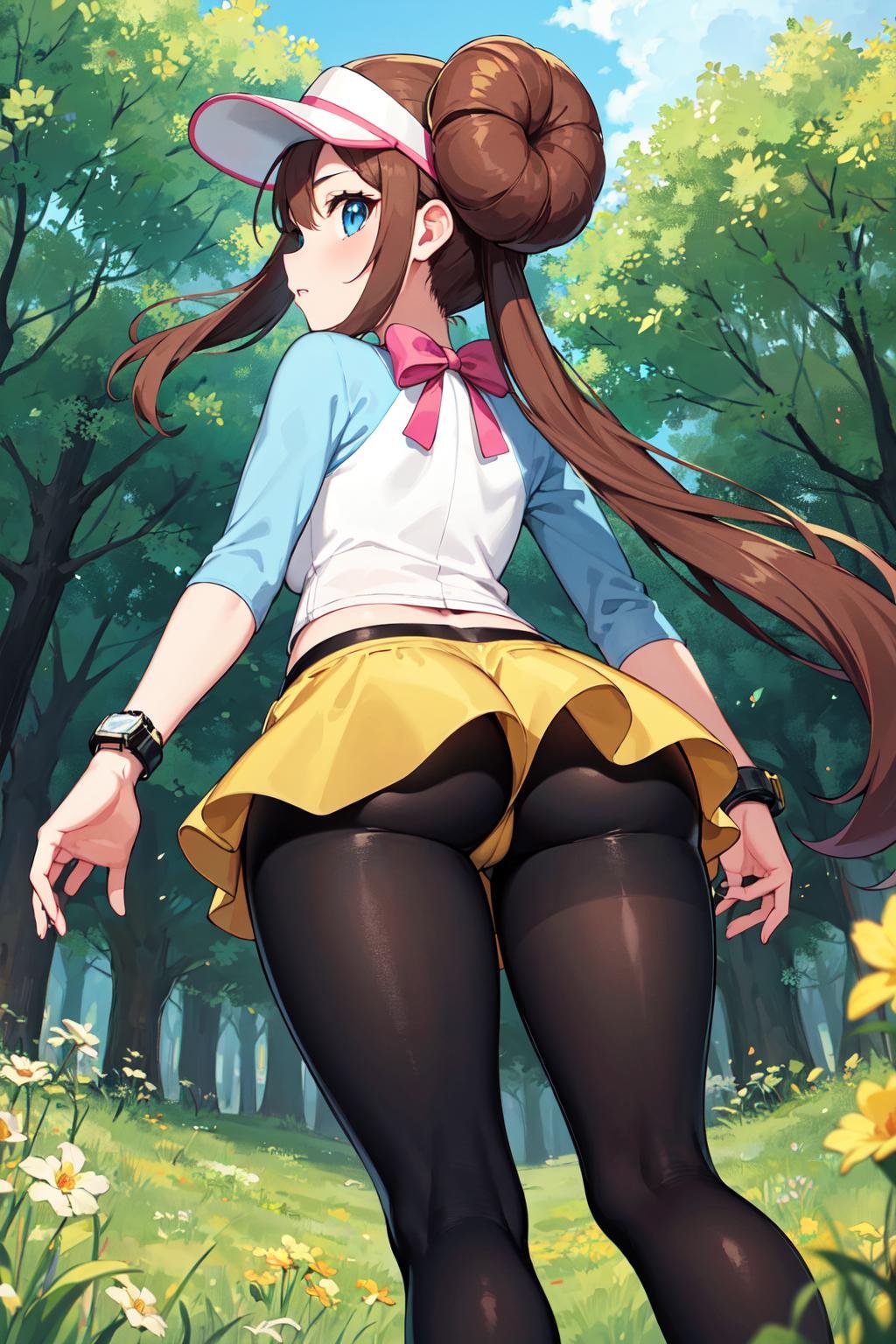 masterpiece, best quality, highres, ro1, hair bun, blue eyes, twintails, visor cap, pantyhose, raglan sleeves, yellow shorts, shirt, pink bow, wristwatch, <lora:rosa_(pokemon)_v10:0.7>, standing, from behind, ass, field, forest, from below,