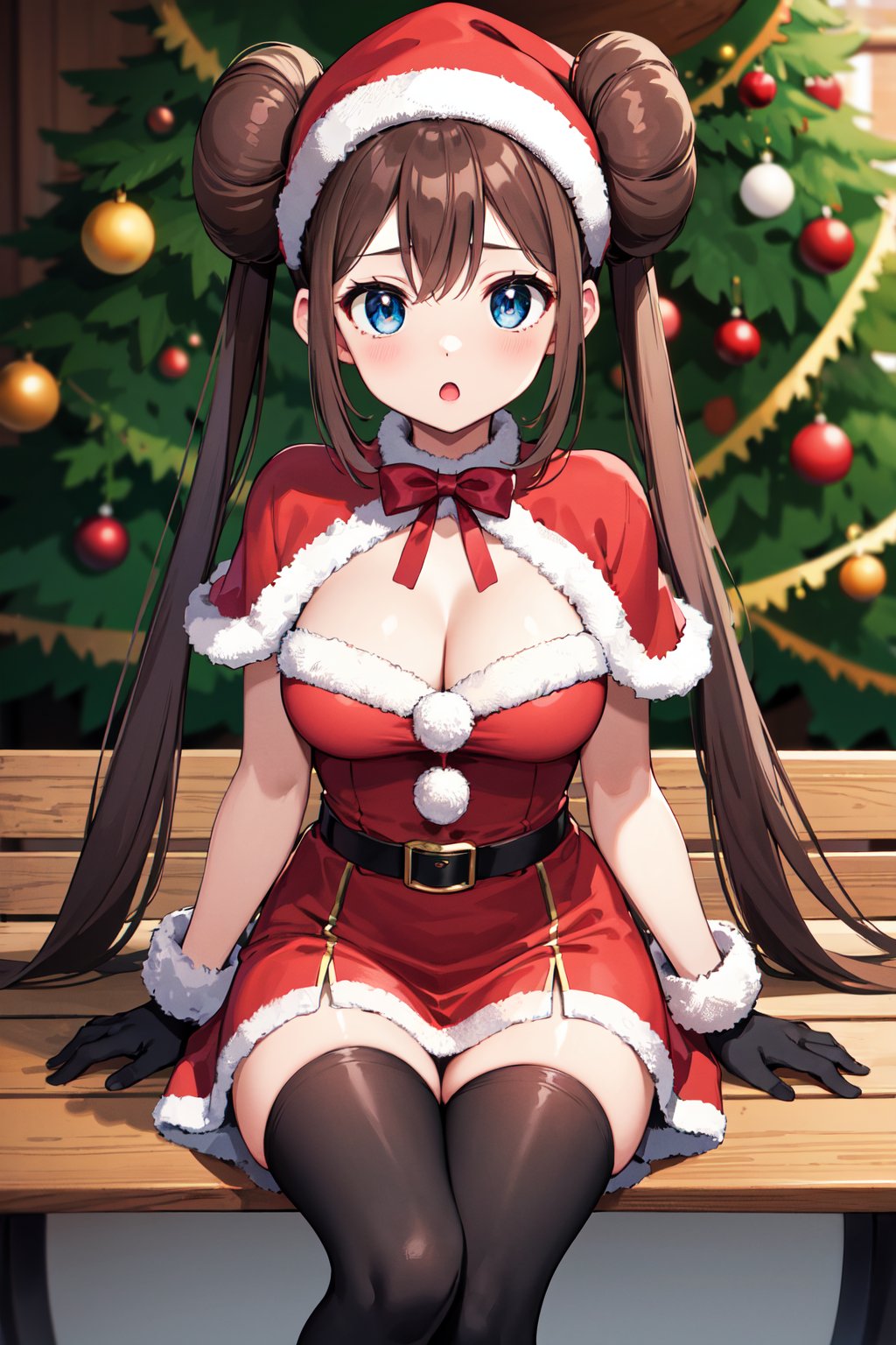 masterpiece, best quality, highres, ro1, hair bun, blue eyes, twintails, belt, black thighhighs, gloves, christmas, cleavage, red capelet, santa hat, dress, <lora:rosa_(pokemon)_v10:0.7>, bench, sitting, :o