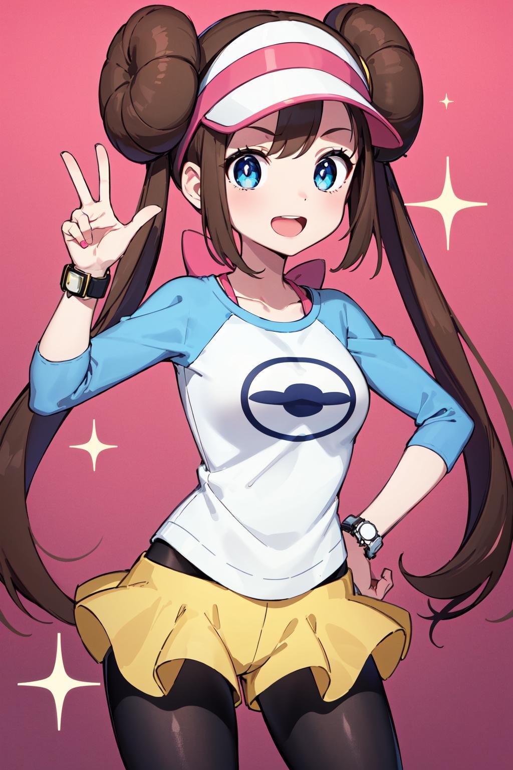 masterpiece, best quality, highres, ro1, hair bun, blue eyes, twintails, visor cap, pantyhose, raglan sleeves, yellow shorts, shirt, pink bow, wristwatch, <lora:rosa_(pokemon)_v10:0.7>, standing, hand on hip, smile, open mouth, (sparkle:1.1), peace_sign