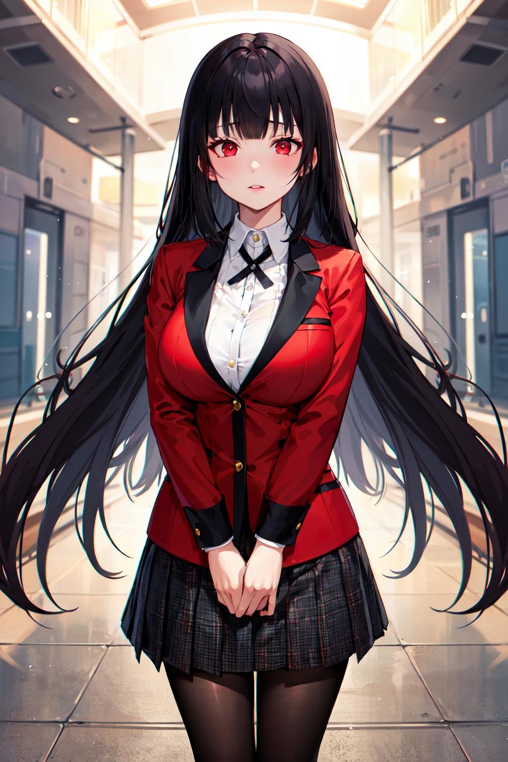 masterpiece, best quality, highres, hmjy1, long hair, blunt bangs, red eyes, school uniform, red jacket, blazer, pantyhose, white shirt, black ribbon, pleated skirt, <lora:jabami yumeko_v10:0.7>, standing, cowboy shot,