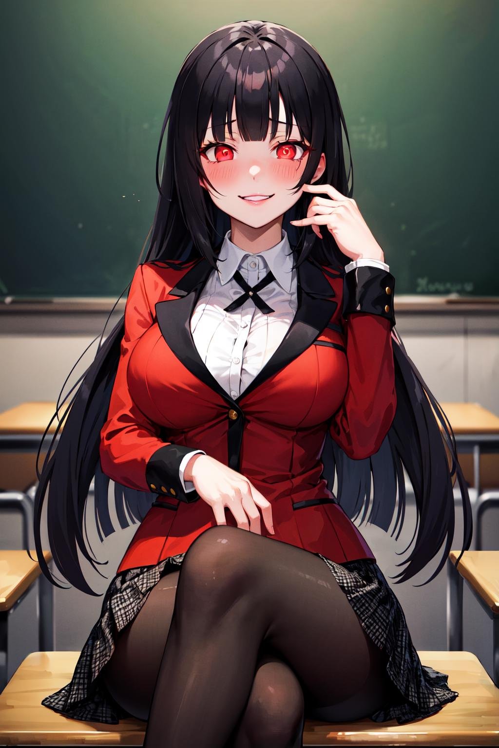 masterpiece, best quality, highres, hmjy1, long hair, blunt bangs, school uniform, red jacket, black pantyhose, white shirt, black ribbon, pleated skirt, long sleeves, <lora:jabami yumeko_v10:0.7>, cowboy shot, glowing eyes, blush, evil smile, sitting, classroom, dark background, crossed legs, 