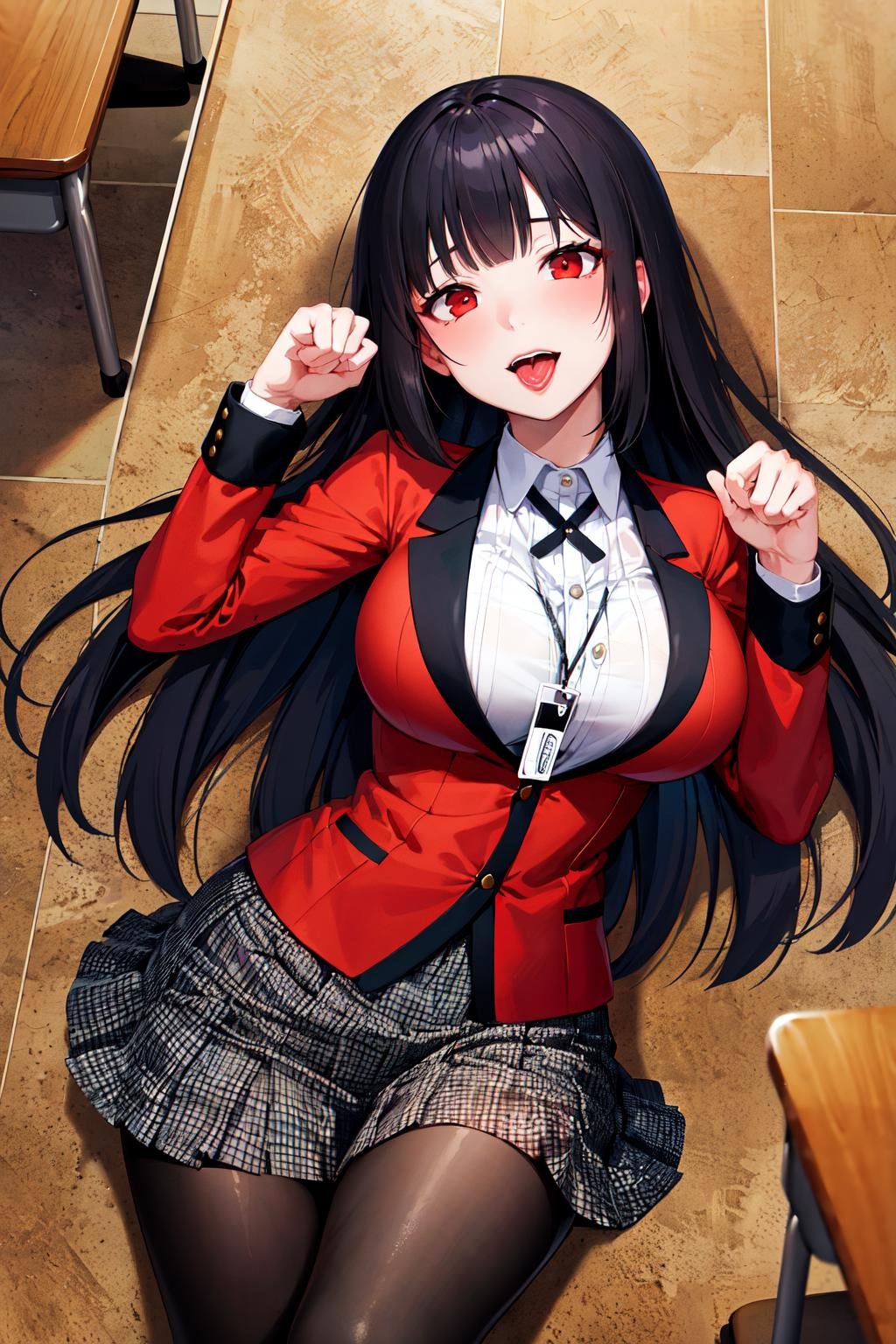 masterpiece, best quality, highres, hmjy1, long hair, blunt bangs, red eyes, school uniform, red jacket, blazer, pantyhose, white shirt, black ribbon, pleated skirt, <lora:jabami yumeko_v10:0.7>, cowboy shot, classroom, lying, from above, (name tag:1.1), paw pose, open mouth, tongue out,