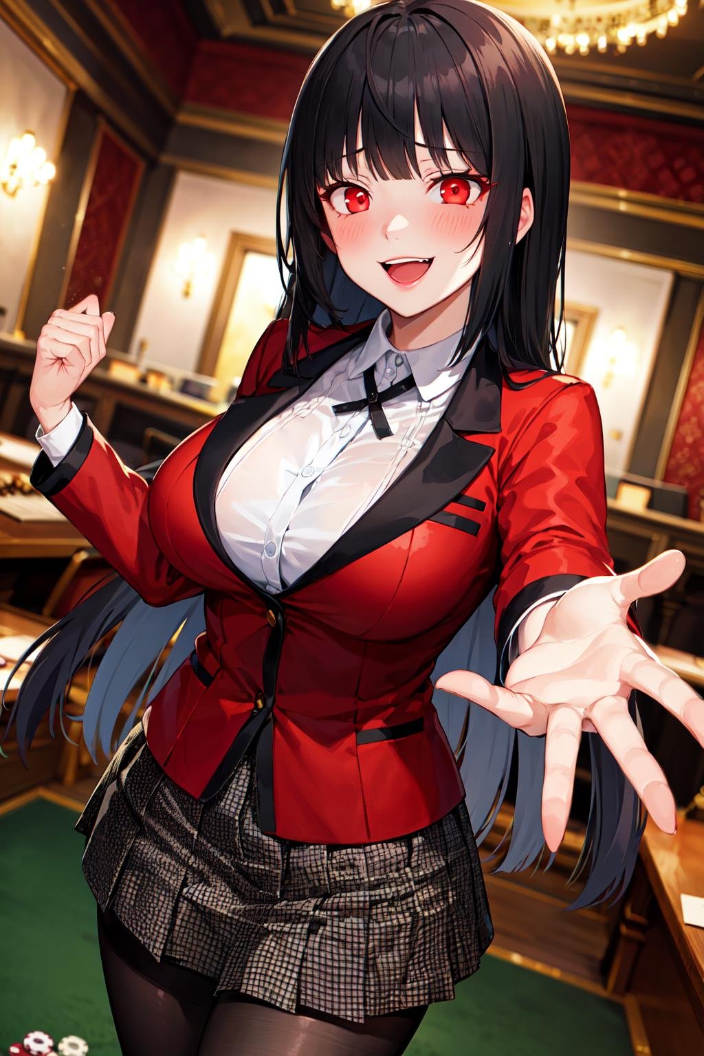 masterpiece, best quality, highres, hmjy1, long hair, blunt bangs, red eyes, school uniform, red jacket, blazer, pantyhose, white shirt, black ribbon, pleated skirt, <lora:jabami yumeko_v10:0.7>, cowboy shot, blush, indoors, casino, glowing eyes, outstretched arm, evil smile, open mouth,