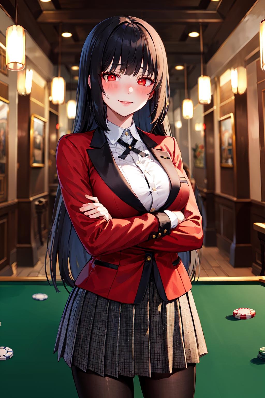 masterpiece, best quality, highres, hmjy1, long hair, blunt bangs, red eyes, school uniform, red jacket, blazer, pantyhose, white shirt, black ribbon, pleated skirt, <lora:jabami yumeko_v10:0.7>, cowboy shot, indoors, casino, crossed arms, glowing eyes, evil smile, blush