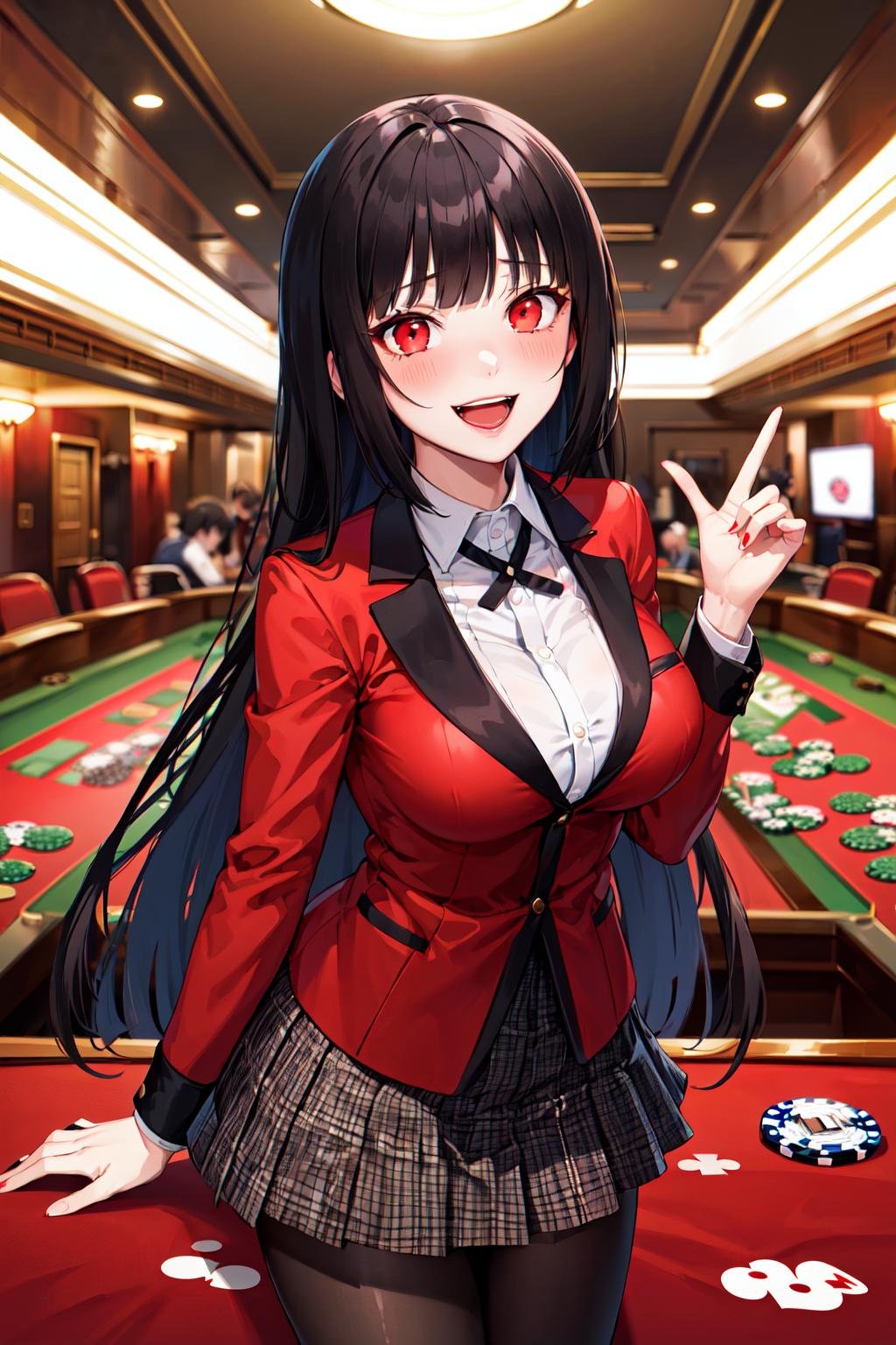 masterpiece, best quality, highres, hmjy1, long hair, blunt bangs, red eyes, school uniform, red jacket, blazer, pantyhose, white shirt, black ribbon, pleated skirt, <lora:jabami yumeko_v10:0.7>, cowboy shot, indoors, casino, glowing eyes, poker table, (poker chip:1.3), evil smile, open mouth, blush