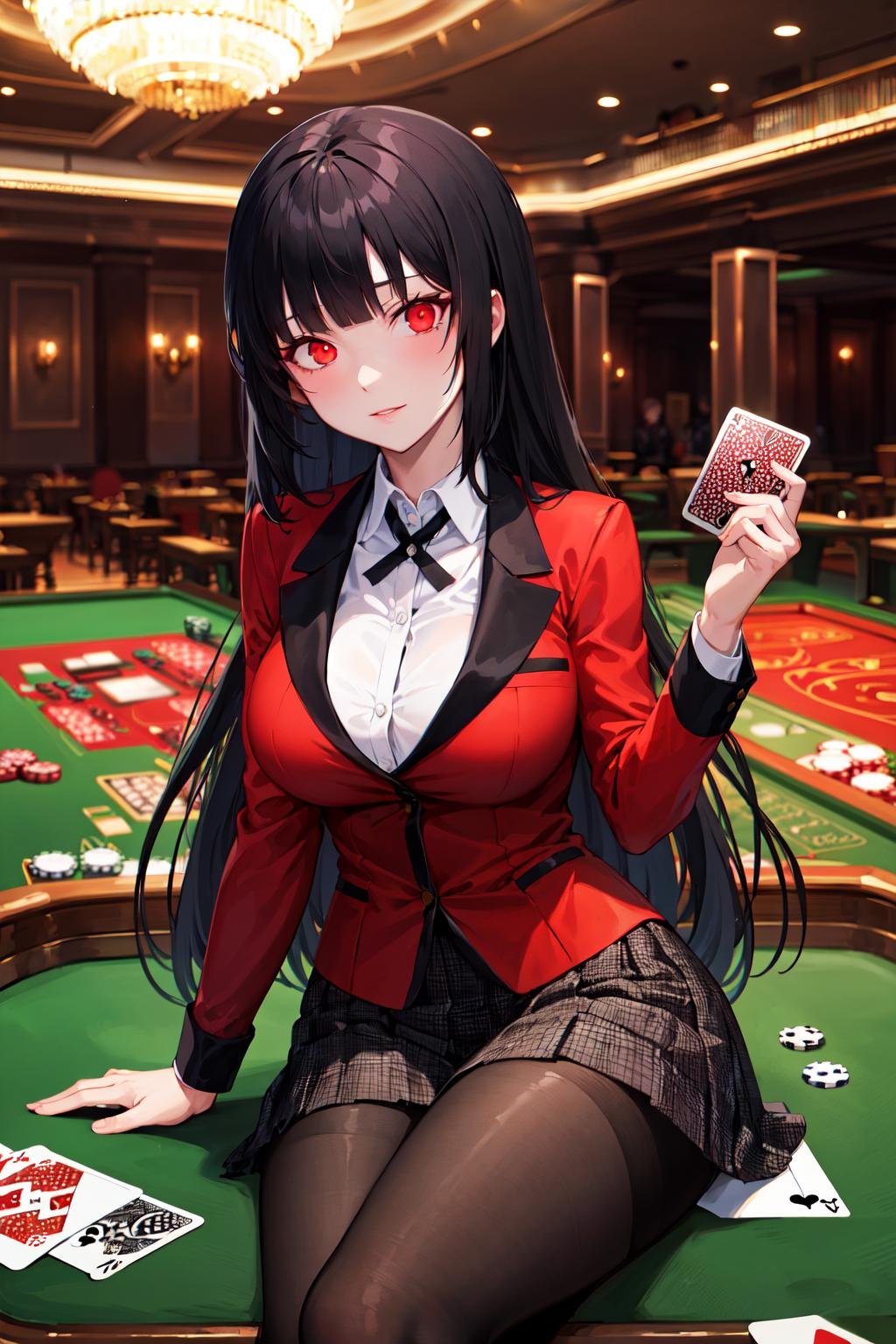 masterpiece, best quality, highres, hmjy1, long hair, blunt bangs, red eyes, school uniform, red jacket, blazer, pantyhose, white shirt, black ribbon, pleated skirt, <lora:jabami yumeko_v10:0.7>, cowboy shot, indoors, casino, glowing eyes, sitting, poker table, holding card