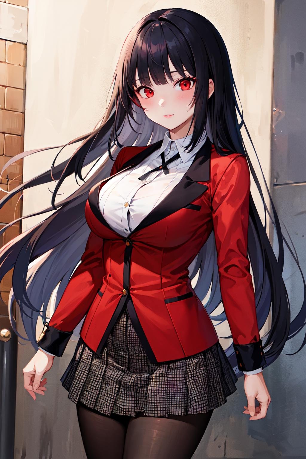 masterpiece, best quality, highres, hmjy1, long hair, blunt bangs, red eyes, school uniform, red jacket, pantyhose, white shirt, black ribbon, pleated skirt, <lora:jabami yumeko_v10:0.7>, standing, cowboy shot,