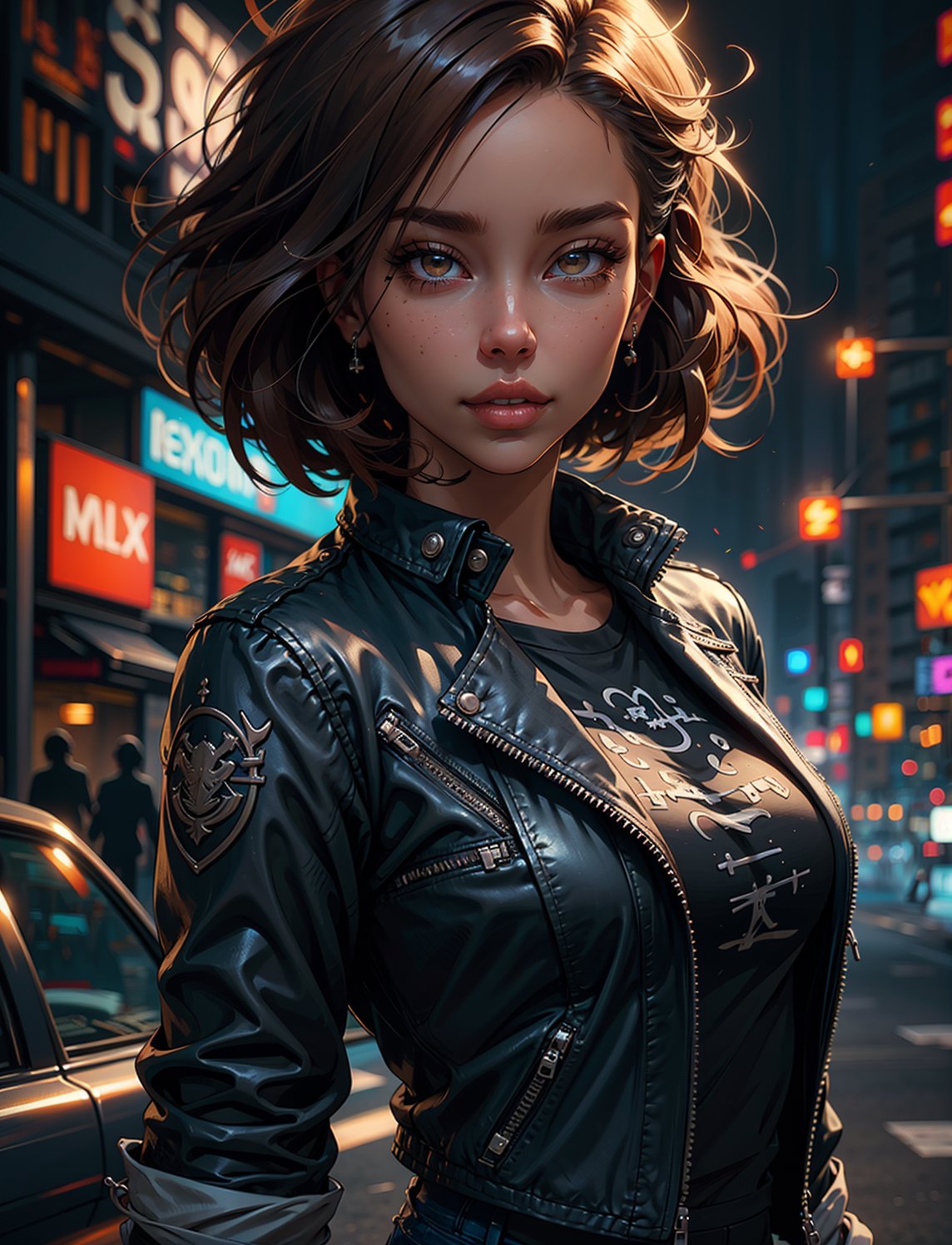 centered, brown bob hair , happy, award winning upper body digital art, (hyperelistic shadows), masterpiece, | , tight blue jean, open leather jacket, | city, sea, bokeh, blurred background, depth of field,