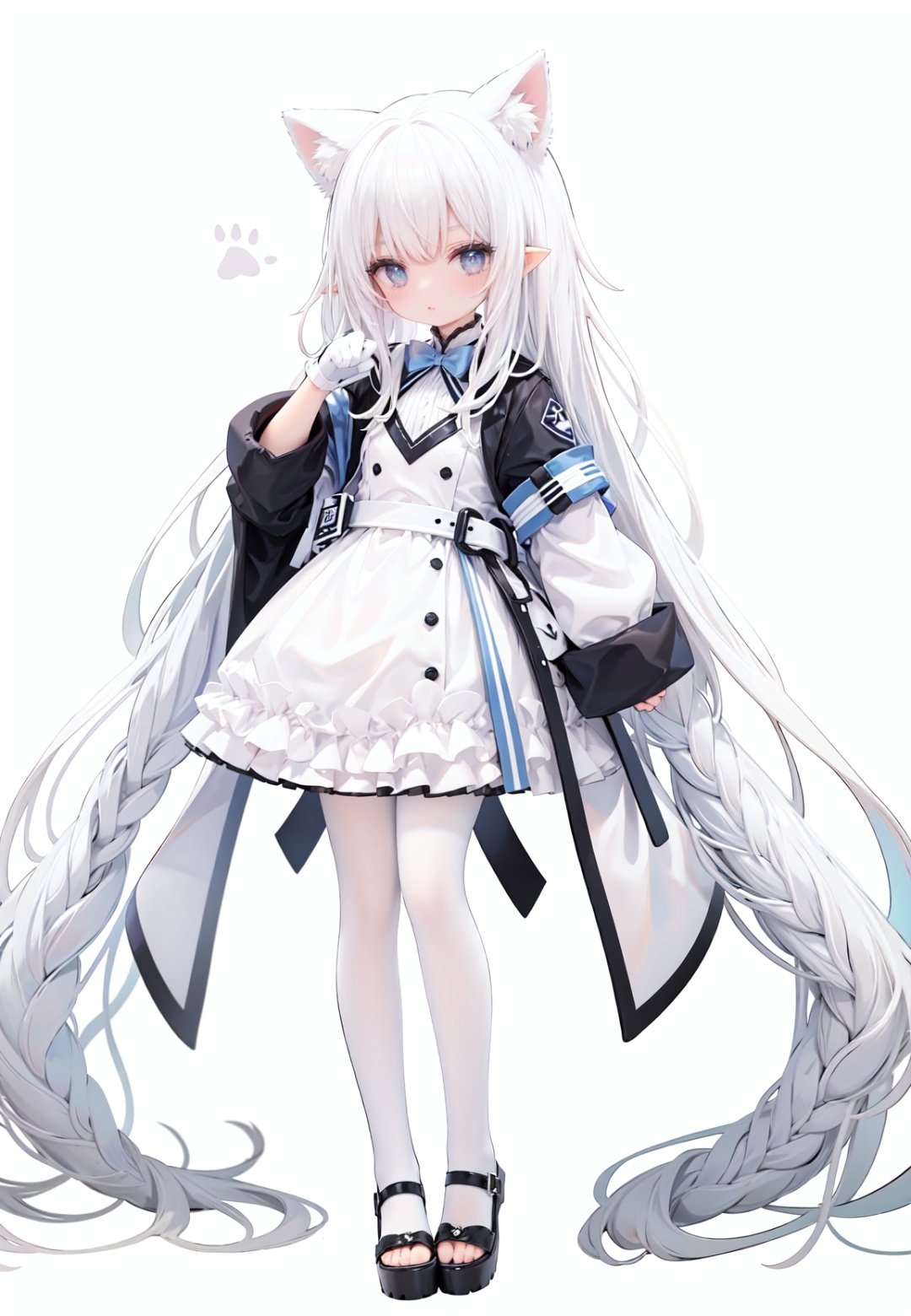 1girl,  white_gloves,  braid,  full_body,  gloves,  long_hair,  official_alternate_costume,  pointy_ears,  simple_background,  solo,  standing,  very_long_hair,  white_background, white hair, blue eyes, paw claw pose,  open_mouth