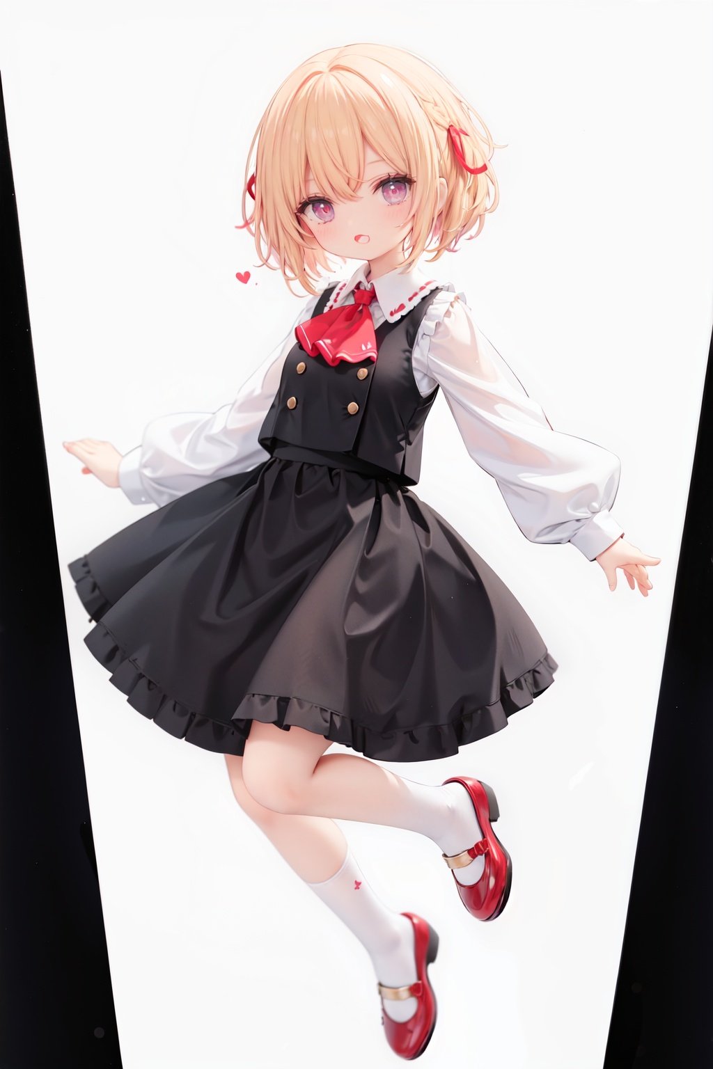 1girl, rumia, blonde hair, solo, white background, red eyes, red footwear, simple background, ascot, short hair, ribbon, open mouth, hair ribbon, smile, long sleeves, shirt, looking at viewer, red ascot, white socks, white shirt, red ribbon, shoes, socks, frills, bangs, outstretched arms, hair between eyes, skirt, :d, dress, vest, mary janes, black dress, black skirt, collared shirt, black vest, blush