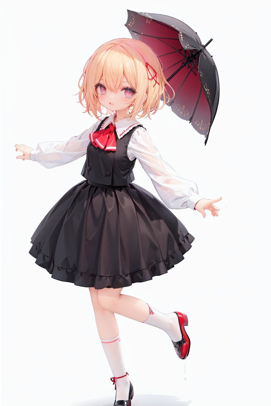 1girl, rumia, blonde hair, solo, white background, red eyes, red footwear, simple background, ascot, short hair, ribbon, open mouth, hair ribbon, smile, long sleeves, shirt, looking at viewer, red ascot, white socks, white shirt, red ribbon, shoes, socks, frills, bangs, outstretched arms, hair between eyes, skirt, :d, dress, vest, mary janes, black dress, black skirt, collared shirt, black vest, blush