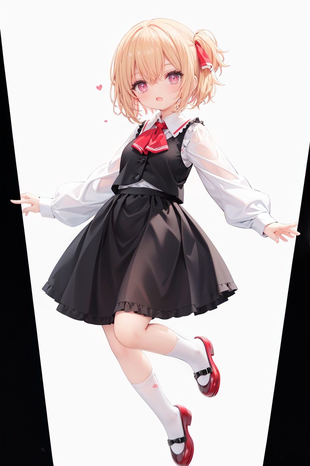 1girl, rumia, blonde hair, solo, white background, red eyes, red footwear, simple background, ascot, short hair, ribbon, open mouth, hair ribbon, smile, long sleeves, shirt, looking at viewer, red ascot, white socks, white shirt, red ribbon, shoes, socks, frills, bangs, outstretched arms, hair between eyes, skirt, :d, dress, vest, mary janes, black dress, black skirt, collared shirt, black vest, blush