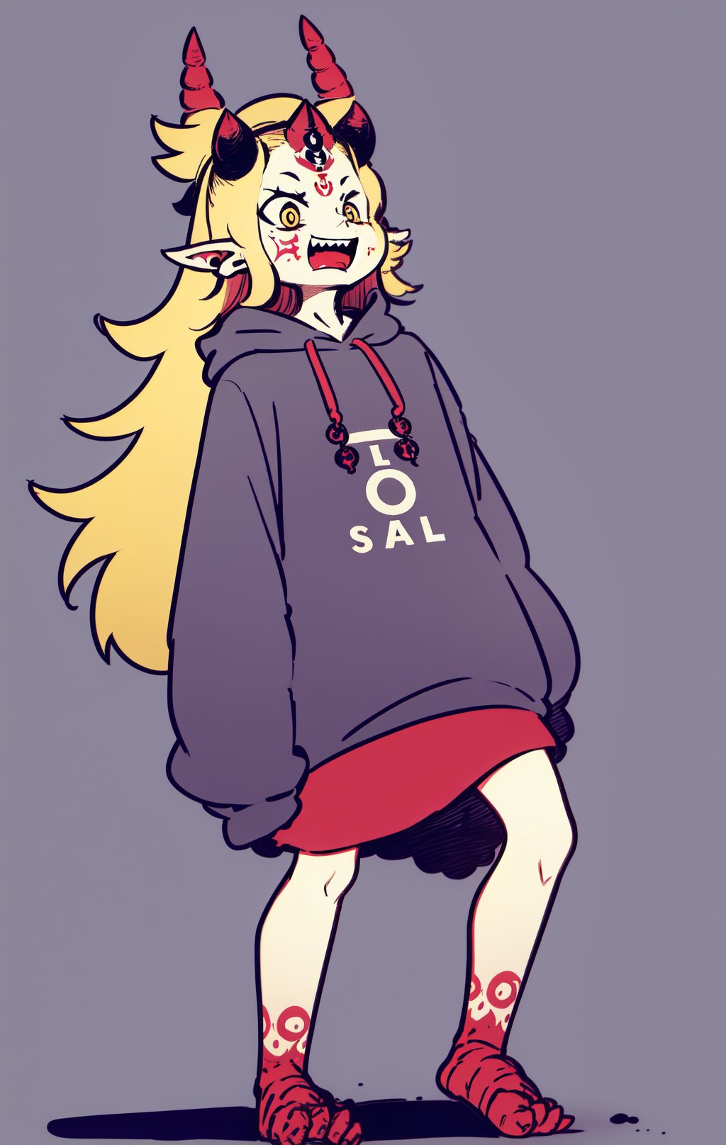 (masterpiece, best quality:1.2), (3d style:0.85), 1girl, solo, long hair, smile, open mouth, blonde hair, simple background, jewelry, very long hair, standing, full body, yellow eyes, earrings, horns, pointy ears, fang, hood, sleeves past wrists, hoodie, tattoo, facial mark, third eye, oni horns, oni, yellow hoodie, ibaraki douji (fate), <lora:DarkSkyForDesignV2_768_ReV:1>