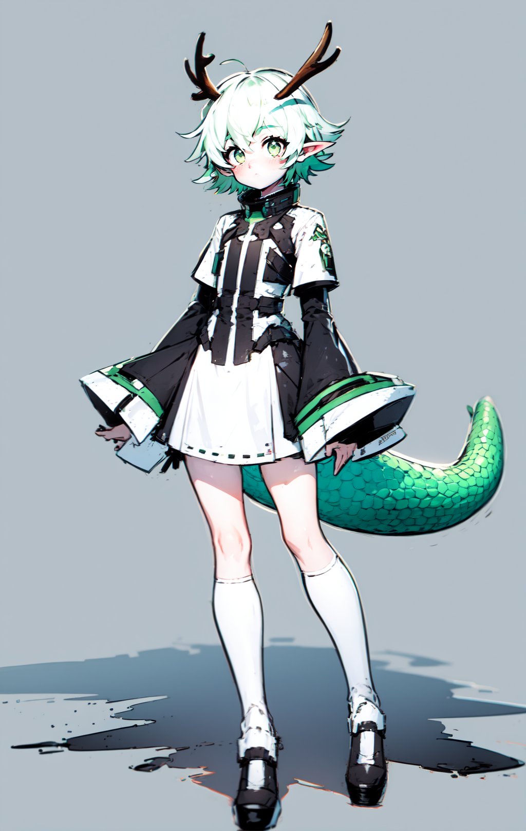 (masterpiece, best quality:1.2), (3d style:0.85), 1girl, solo, blush, long sleeves, white background, dress, bow, green eyes, tail, full body, white hair, green hair, pointy ears, socks, white dress, :< ,kneehighs, pale skin, mecha clothes, short hair with long locks, androgynous, dragon tail, antlers, <lora:DarkSkyForDesignV2_768_ReV:1>, <lora:A-Mecha-REN[color_theme, mecha musume, mechanical parts, robot joints, headgear, full armor]:0.25>