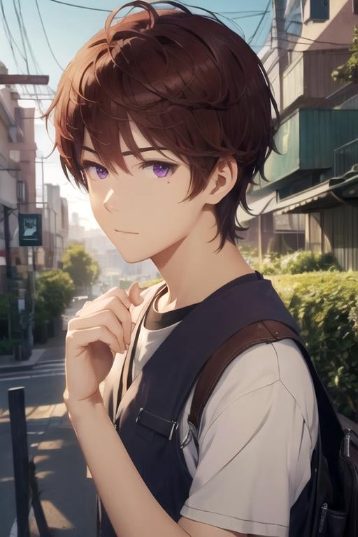 masterpiece, best quality, illustration, 1boy, solo, male focus, looking at viewer, upper body, , anime coloring, , <lora:iori_hashima:0.74>, iori_hashima, brown hair, purple eyes, , new wave science fiction, 12k resolution