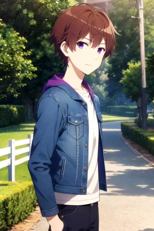 masterpiece, best quality, game cg, 1boy, solo, male focus, looking at viewer, , , , , <lora:iori_hashima:0.74>, iori_hashima, brown hair, purple eyes, denim jacket, bobble hat, , HD-DVD